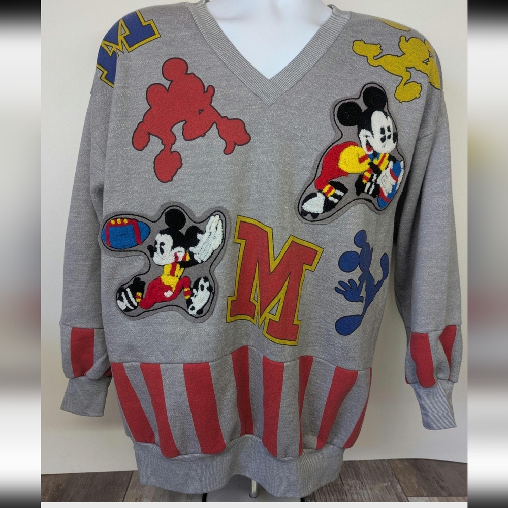 Rare Vintage Sunday Comics Mickey Mouse Football Tufted Grey Sweatshirt Sz Large